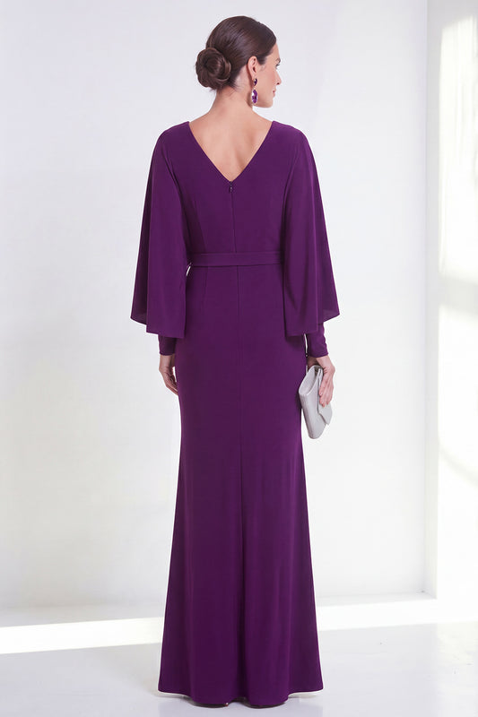 Purple Maxi Mermaid V-Neck Ruched Beaded Wedding Guest Dress