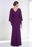 Purple Maxi Mermaid V-Neck Ruched Beaded Wedding Guest Dress
