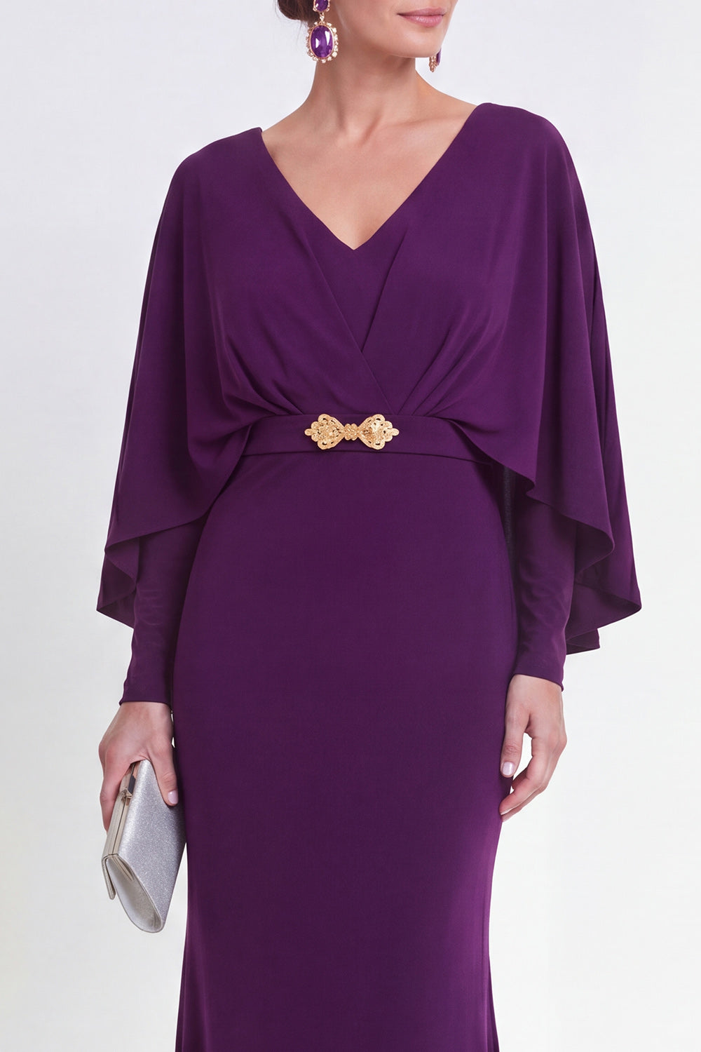 Purple Maxi Mermaid V-Neck Ruched Beaded Wedding Guest Dress