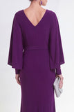 Purple Maxi Mermaid V-Neck Ruched Beaded Wedding Guest Dress