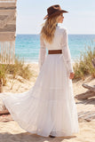Long Sleeves A Line White Long V-Neck Western Wedding Dress with Belt