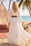 Long Sleeves A Line White Long V-Neck Western Wedding Dress with Belt