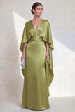 Green Maxi Mermaid V-Neck Ruched Wedding Guest Dress with Cape