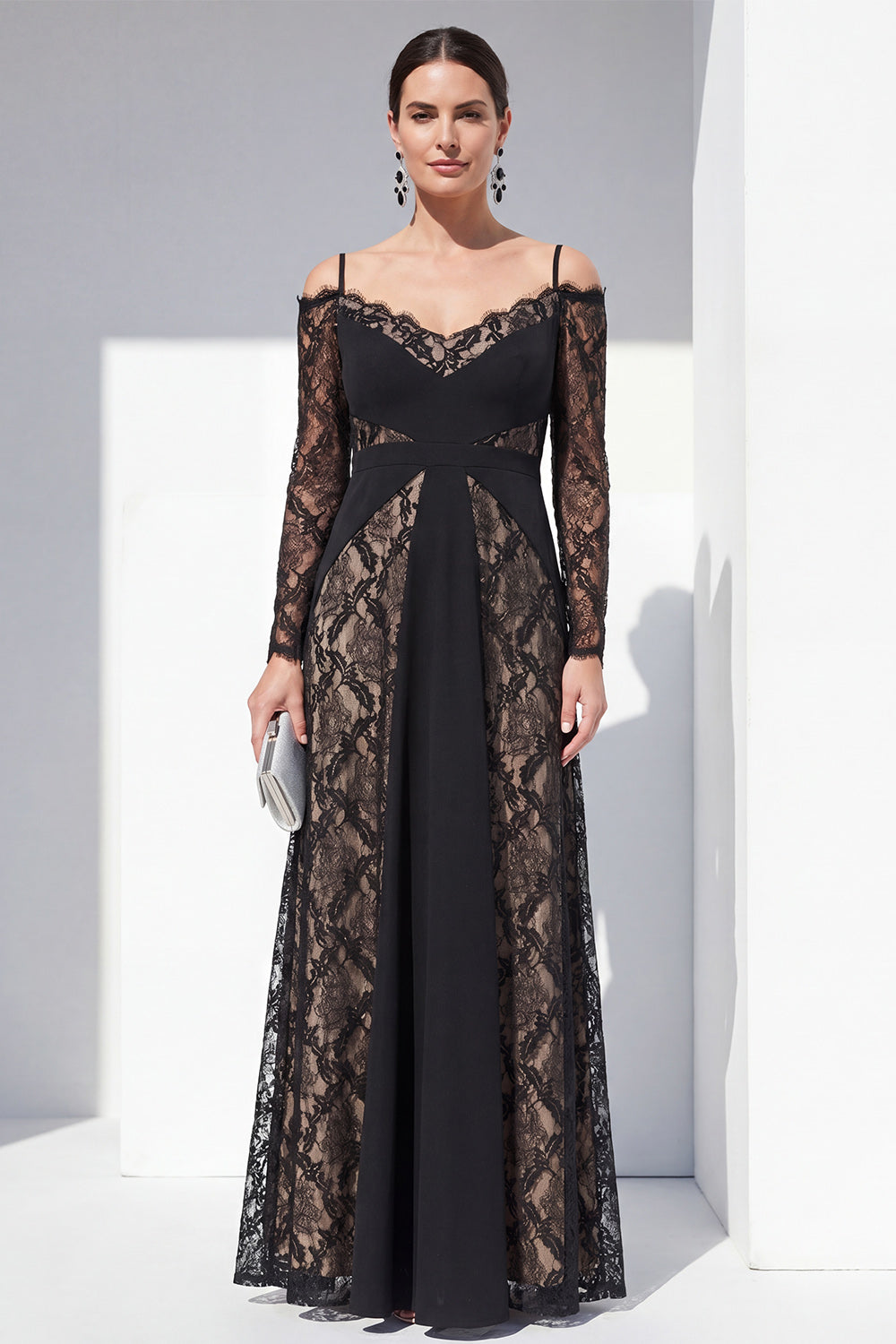 Black Spaghetti Straps Maxi Lace A Line Formal Dress with Sleeves