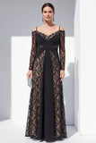 Black Spaghetti Straps Maxi Lace A Line Formal Dress with Sleeves