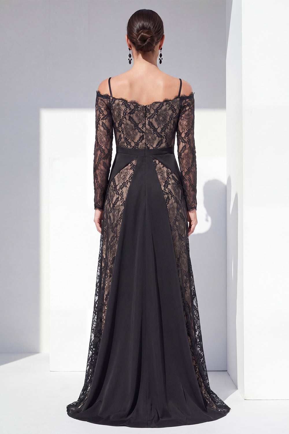 Black Spaghetti Straps Maxi Lace A Line Formal Dress with Sleeves