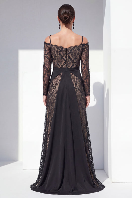 Black Spaghetti Straps Maxi Lace A Line Formal Dress with Sleeves