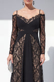 Black Spaghetti Straps Maxi Lace A Line Formal Dress with Sleeves