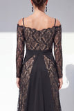 Black Spaghetti Straps Maxi Lace A Line Formal Dress with Sleeves