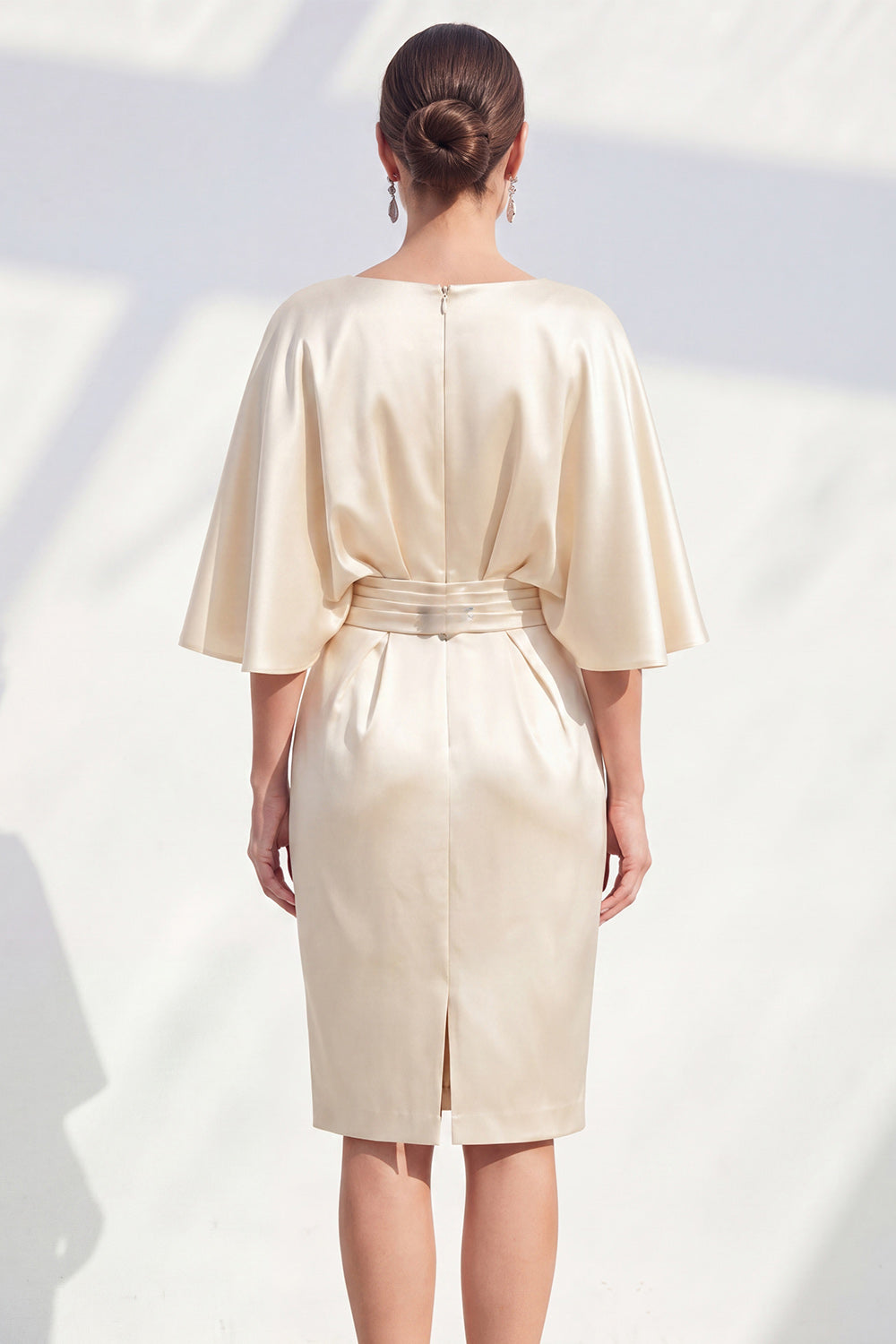 Boat Neck Champagne Bodycon Midi Ruched Wedding Guest Dress