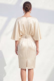 Boat Neck Champagne Bodycon Midi Ruched Wedding Guest Dress