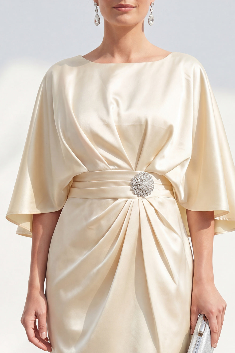 Boat Neck Champagne Bodycon Midi Ruched Wedding Guest Dress