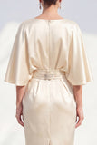 Boat Neck Champagne Bodycon Midi Ruched Wedding Guest Dress