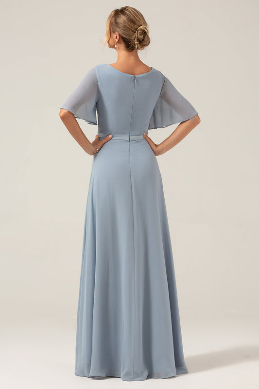 Dusty Blue A-Line V Neck Short Sleeves Chiffon Bridesmaid Dress