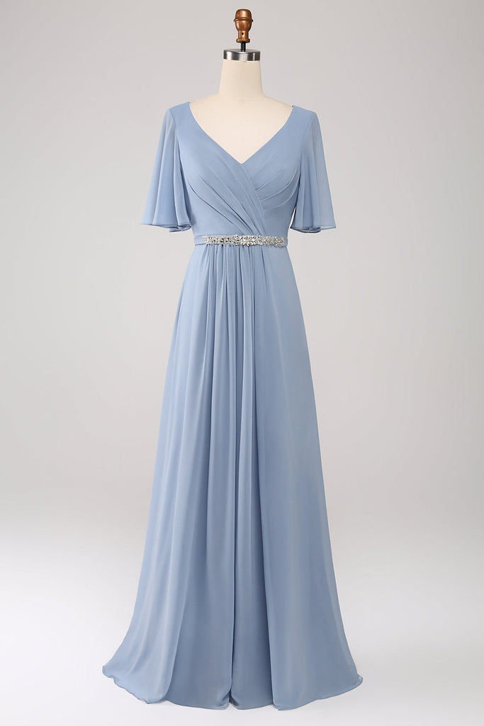 Zapakasa Women A Line Chiffon Dusty Blue Bridesmaid Dress with Beaded