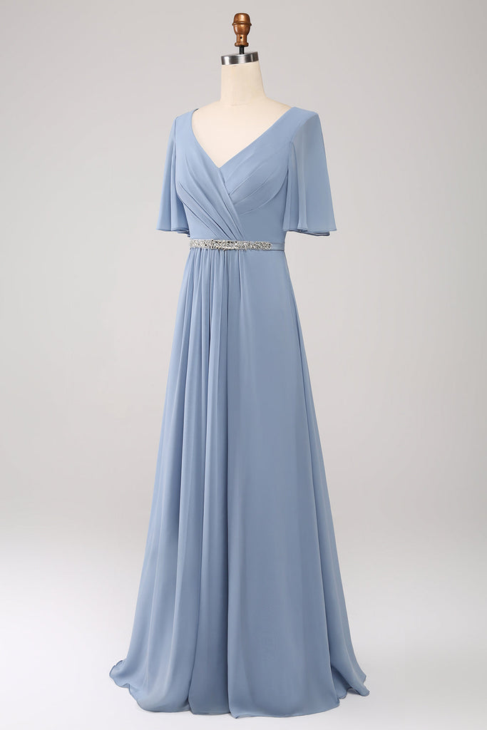 Zapakasa Women A Line Chiffon Dusty Blue Bridesmaid Dress with Beaded