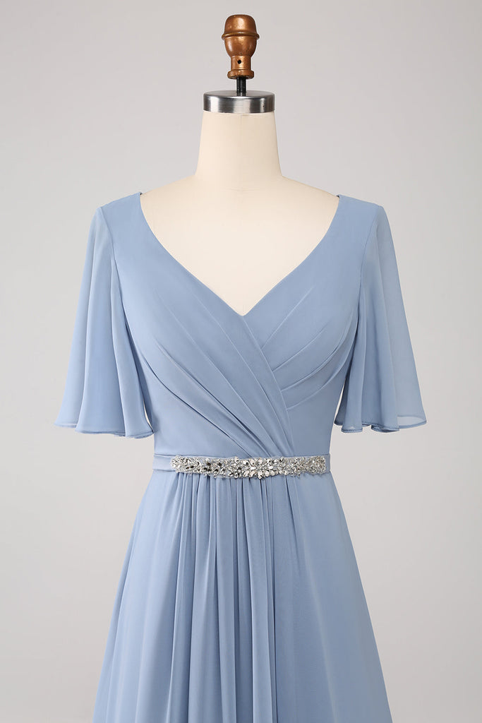 Zapakasa Women A Line Chiffon Dusty Blue Bridesmaid Dress with Beaded