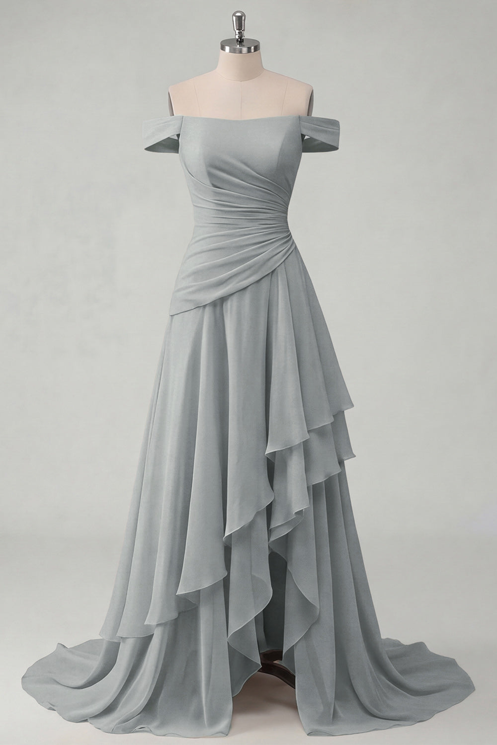 Ruched A Line Off the Shoulder Butter Yellow Ruffled Prom Dress with Slit