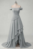 Ruched A Line Off the Shoulder Butter Yellow Ruffled Prom Dress with Slit