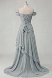 Ruched A Line Off the Shoulder Butter Yellow Ruffled Prom Dress with Slit