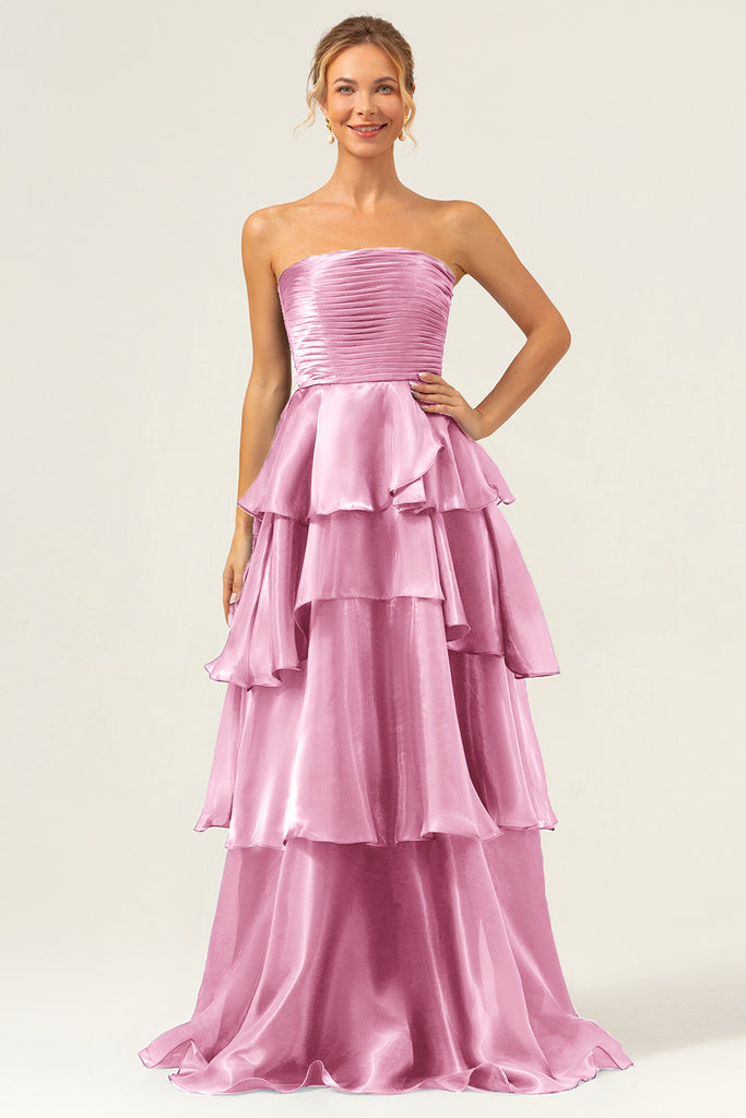 Vintage A Line Strapless Tiered Ruffle Satin Without Sleeves Long Prom Dress, Evening Dress C6450 main image 1