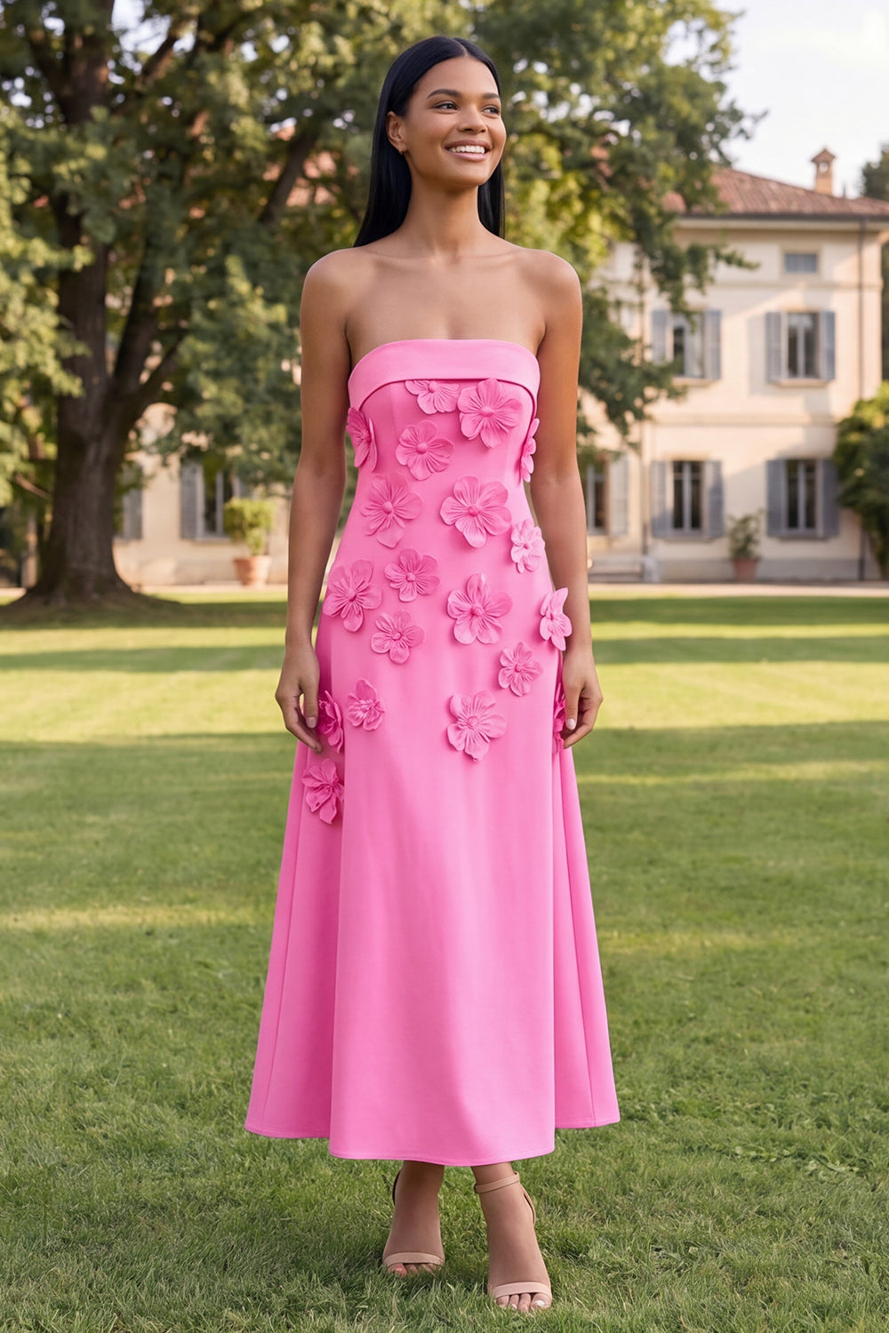 Yellow A Line Strapless Floral Maxi Wedding Guest Dress