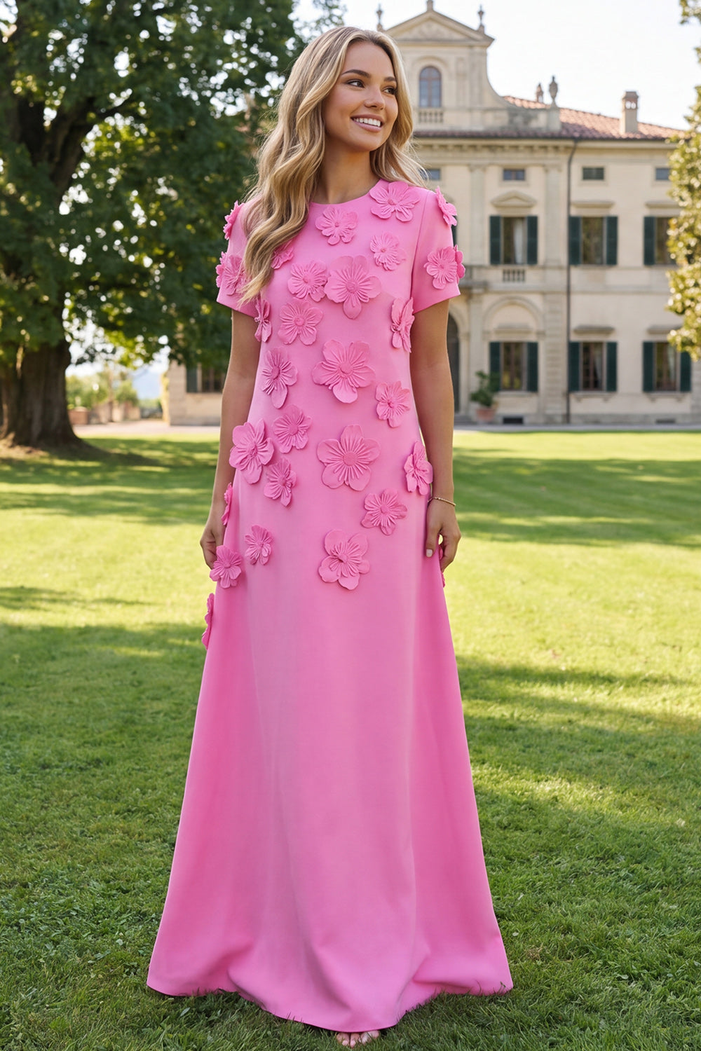 Round Neck Blue A Line Floral Long Wedding Guest Dress with Sleeves