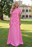 Round Neck Blue A Line Floral Long Wedding Guest Dress with Sleeves
