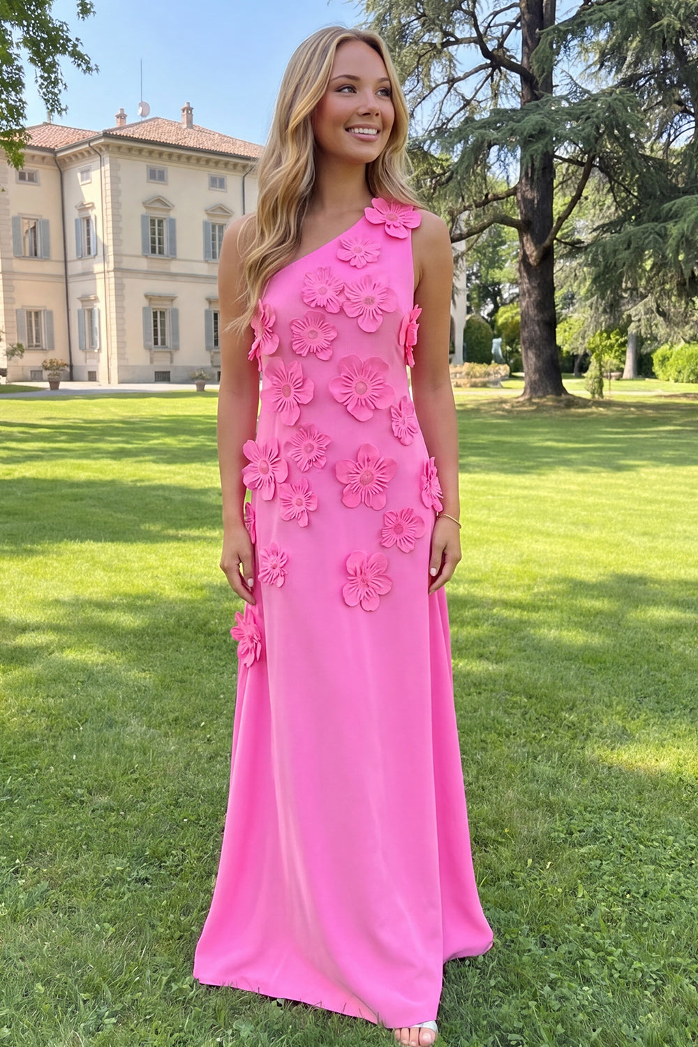 Yellow Sheath One Shoulder Floral Maxi Wedding Guest Dress