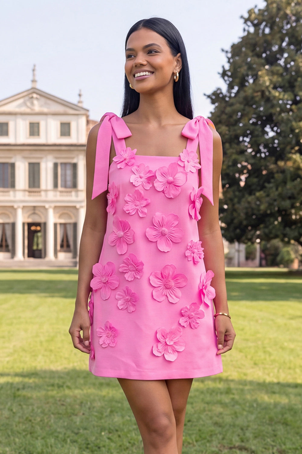 Pink Short Floral Thick Straps A Line Homecoming Dress with Bows