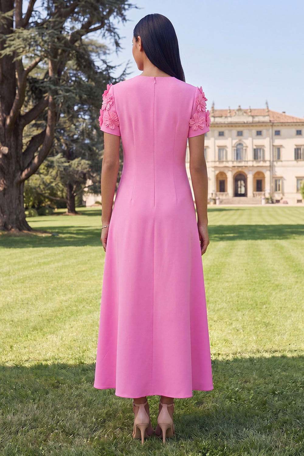 Butter Yellow A Line Round Neck Floral Maxi Wedding Guest Dress with Sleeves