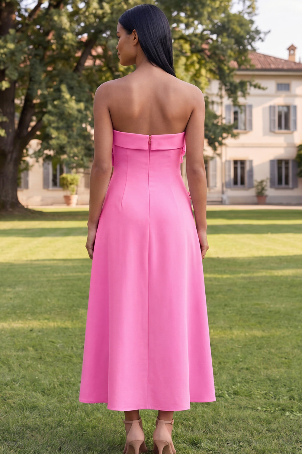 Yellow A Line Strapless Floral Maxi Wedding Guest Dress