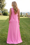 Blue A Line High Neck Floral Long Wedding Guest Dress