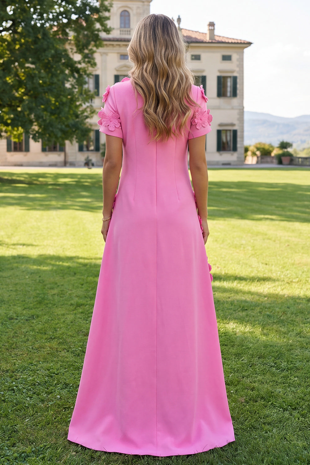 Round Neck Blue A Line Floral Long Wedding Guest Dress with Sleeves