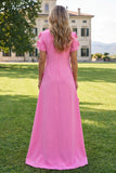Round Neck Blue A Line Floral Long Wedding Guest Dress with Sleeves