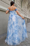 White Blue Flower Off The Shoulder Corset Long Bridesmaid Dress with Slit