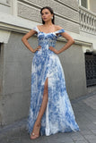 White Blue Flower Off The Shoulder Corset Long Bridesmaid Dress with Slit