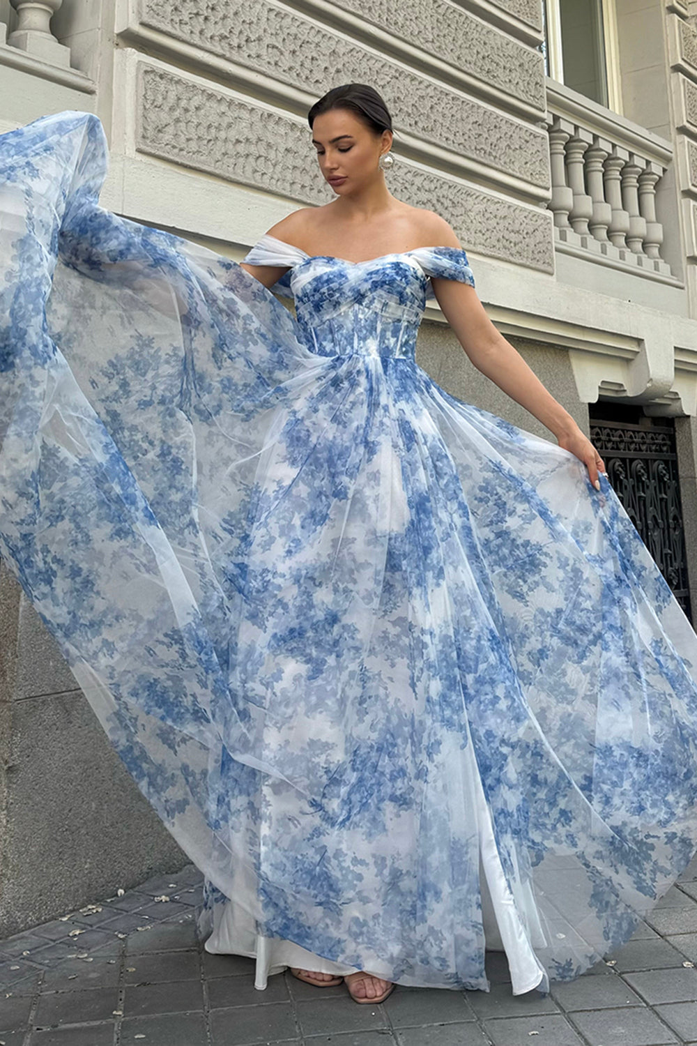 White Blue Flower Off The Shoulder Corset Long Bridesmaid Dress with Slit