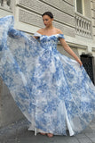 White Blue Flower Off The Shoulder Corset Long Bridesmaid Dress with Slit