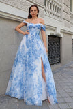 White Blue Flower Off The Shoulder Corset Long Bridesmaid Dress with Slit