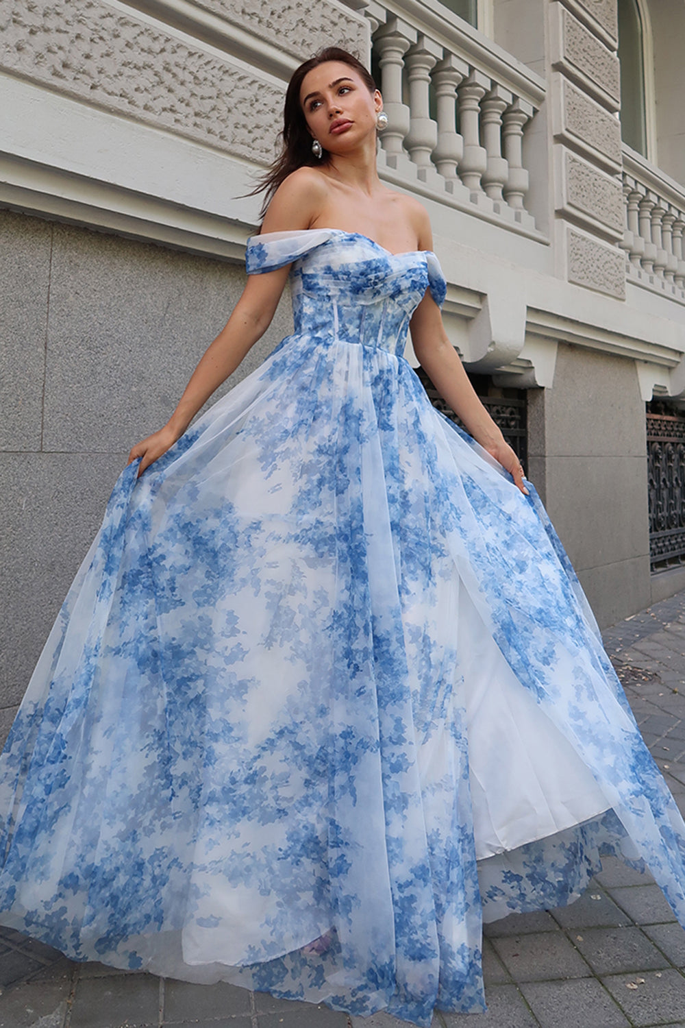 White Blue Flower Off The Shoulder Corset Long Bridesmaid Dress with Slit