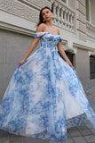 White Blue Flower Off The Shoulder Corset Long Bridesmaid Dress with Slit