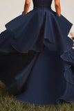 A Line Sweetheart Ruffled Navy Prom Dress with Front Slit