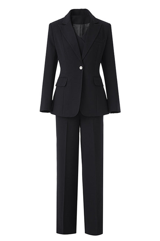 3 Piece Black Notched Lapel Business Suits with Sleeves