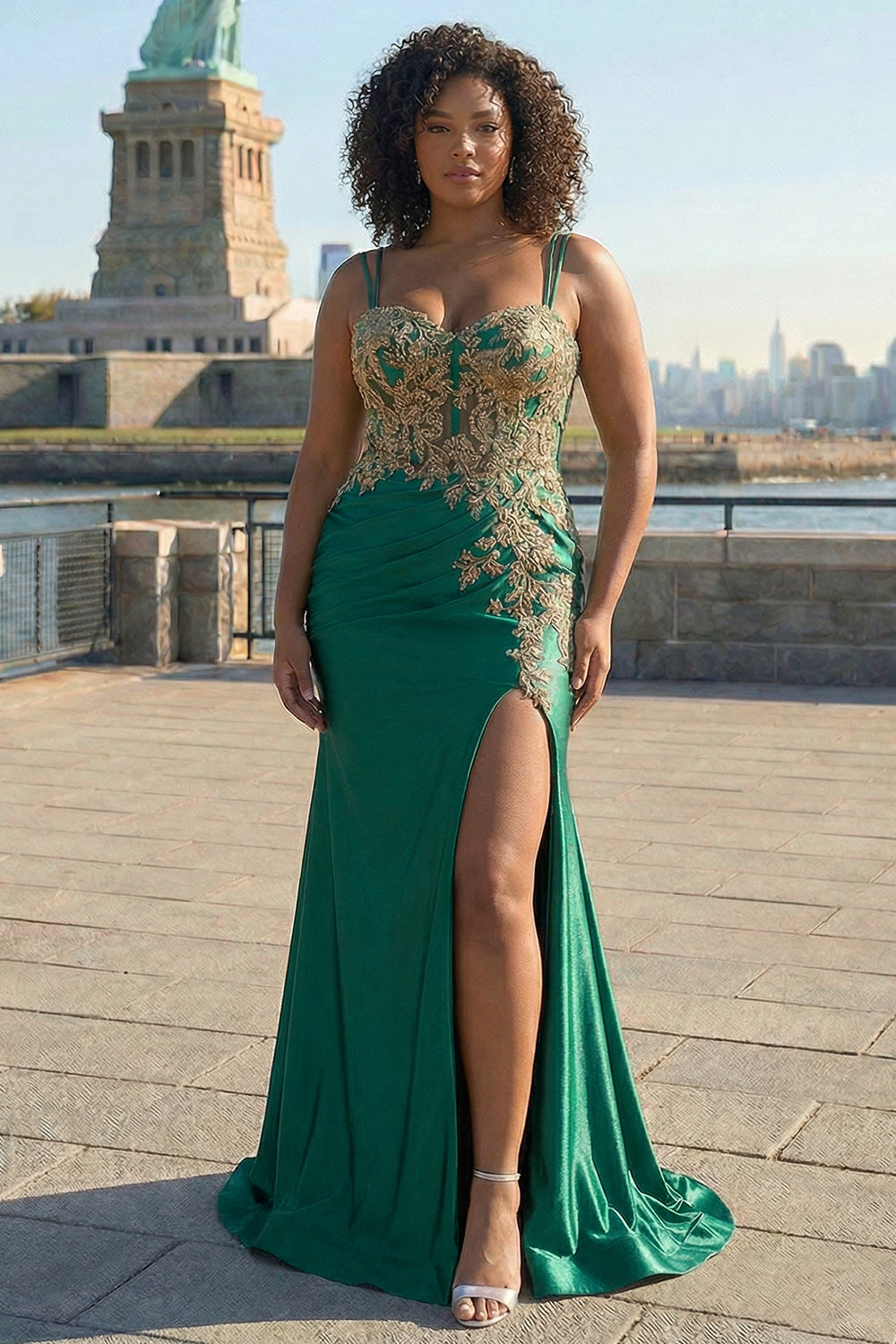 Sparkly Black Beaded Floral Satin Appliqued Long Corset Prom Dress with Slit