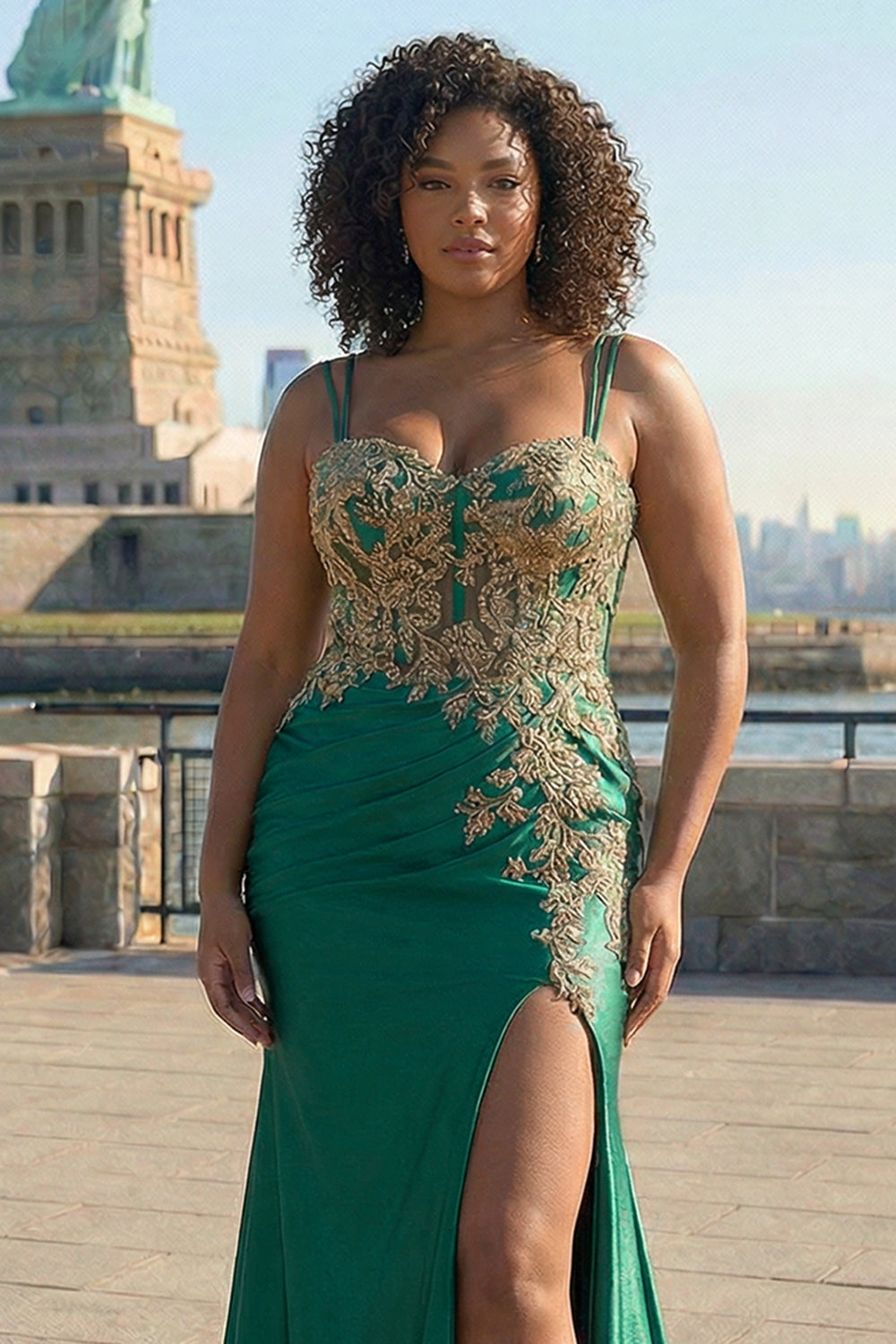 Plus Size Sparkly Floral Dark Green Mermaid Satin Long Corset Prom Dress with Slit