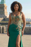 Plus Size Sparkly Floral Dark Green Mermaid Satin Long Corset Prom Dress with Slit