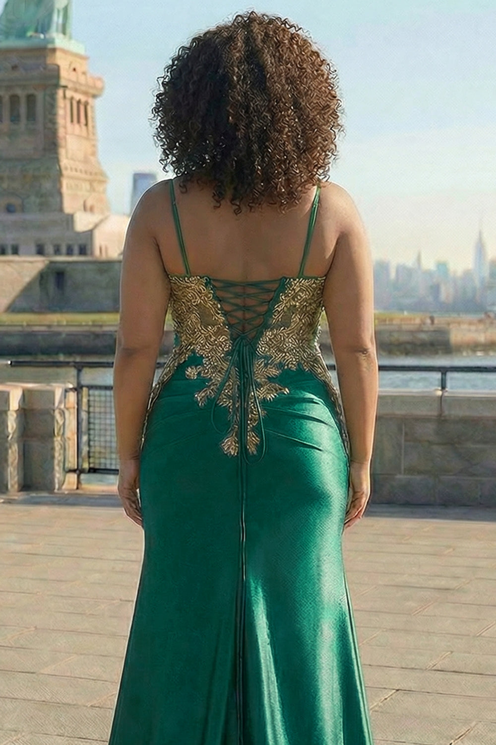 Plus Size Sparkly Floral Dark Green Mermaid Satin Long Corset Prom Dress with Slit