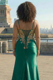 Plus Size Sparkly Floral Dark Green Mermaid Satin Long Corset Prom Dress with Slit