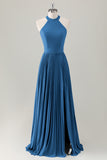 Dark Green A-Line Halter Long Bridesmaid Dress with Slit